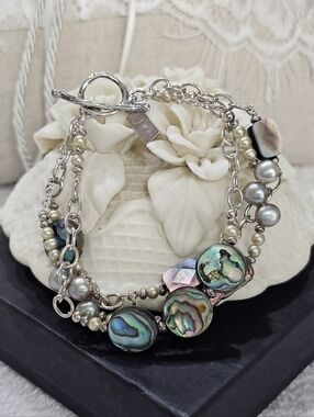 J&I Pearl,Abalone,and Mother of Pearl Multi-Strand 925 Bracelet by Ian Gibson